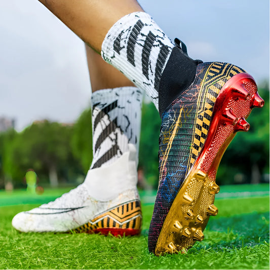 High-top soccer training shoes with gold-plated PVC soles in white, black, and mandarin duck colour options