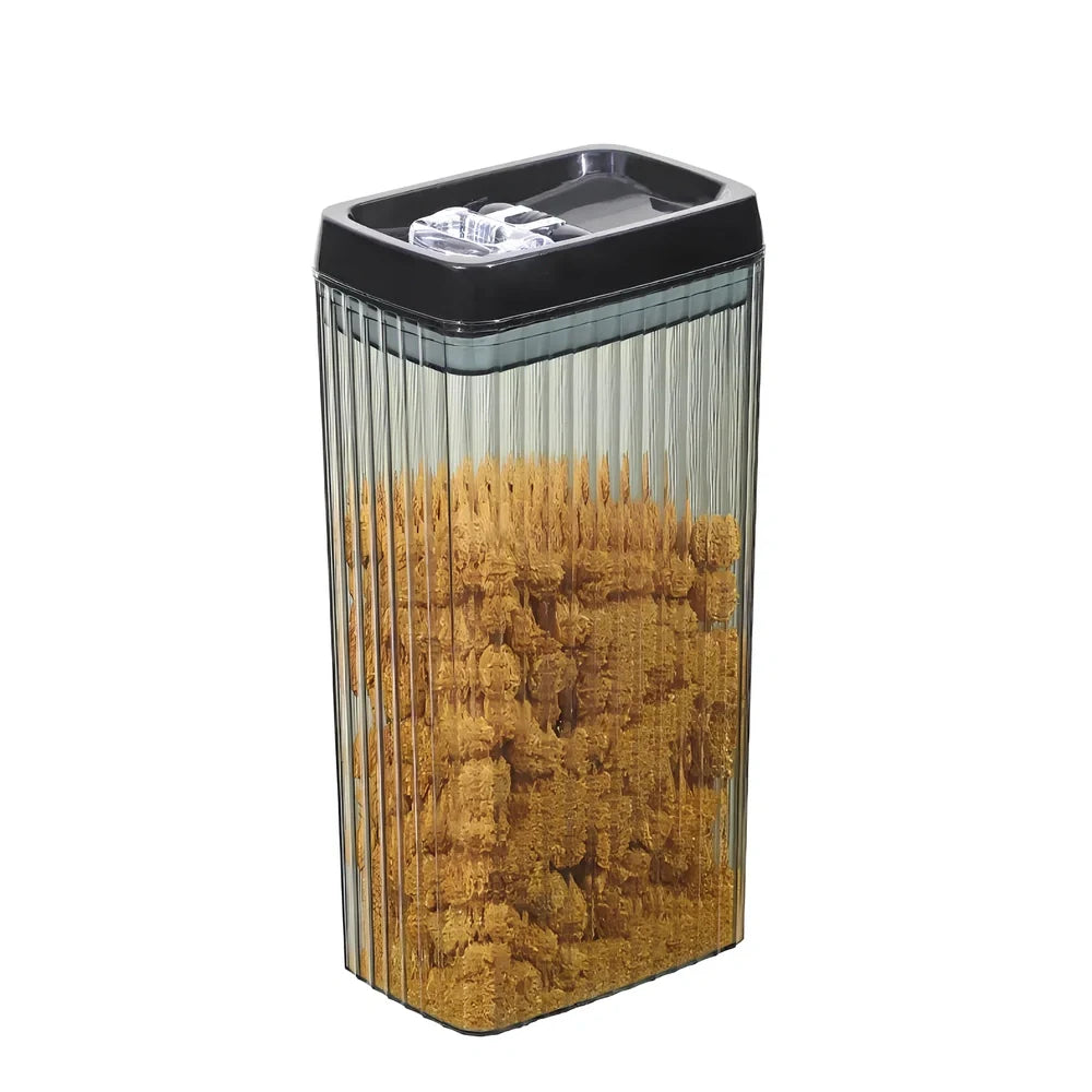 Six black food storage containers with lids in two sizes: two large 3.3-litre and four smaller 1.5-litre jars