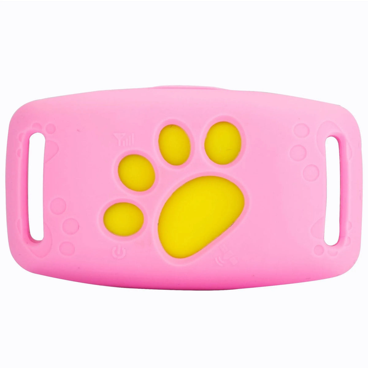 Waterproof GPS pet tracker in black, sky blue, pink, and grass colour options showing compact 65.5mm design