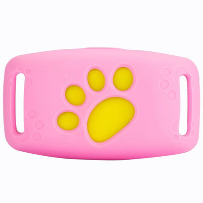Waterproof GPS pet tracker in black, sky blue, pink, and grass colour options showing compact 65.5mm design