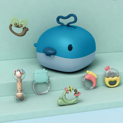 Montessori teething toy set with colorful rattles and textured teethers for babies 0-12 months