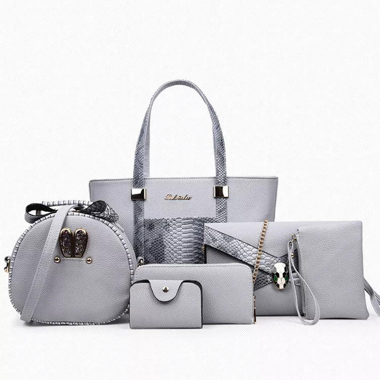 Women's stylish shoulder bag with zipper closure and multiple pockets in light gray, black, off-white, and rose red.