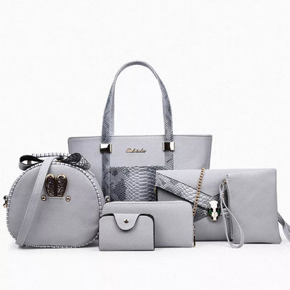 Women's stylish shoulder bag with zipper closure and multiple pockets in light gray, black, off-white, and rose red.