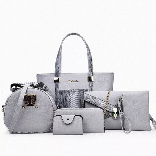 Women's stylish shoulder bag with zipper closure and multiple pockets in light gray, black, off-white, and rose red.