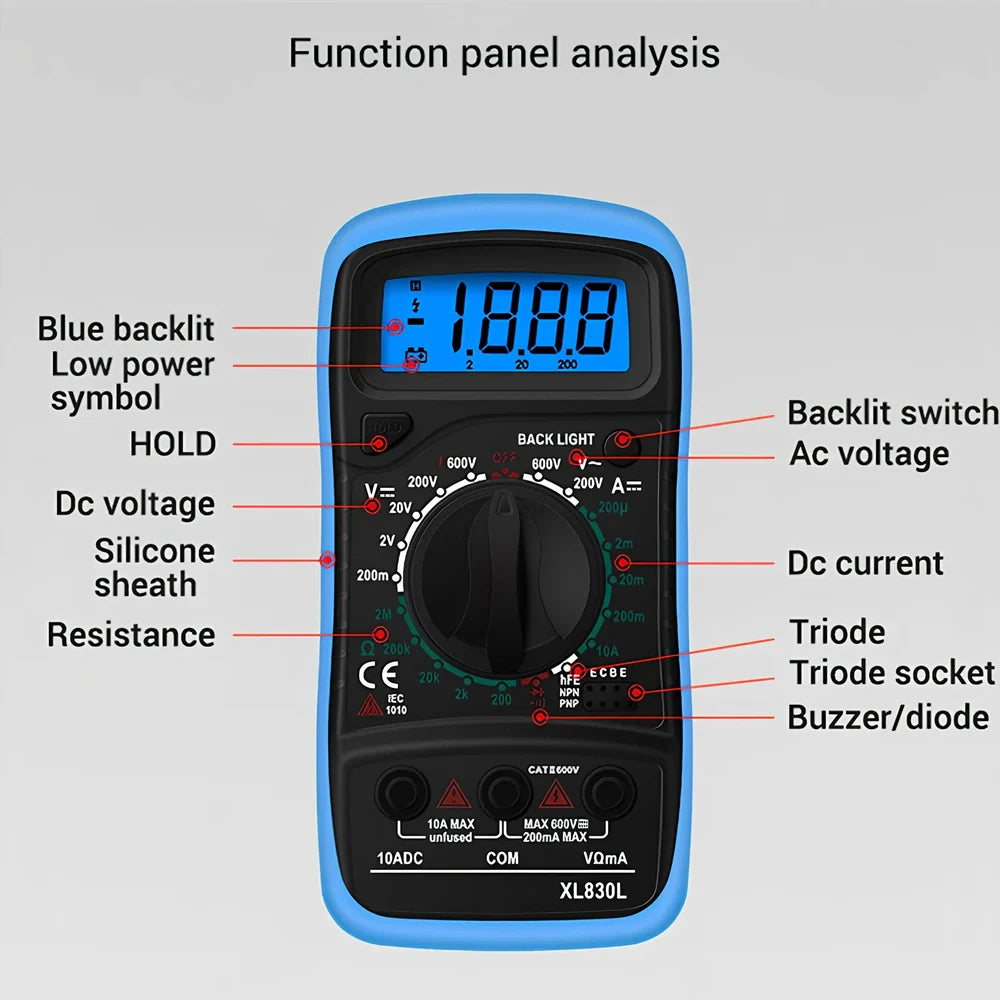 Digital multimeter with black and yellow housing showing 45x20mm LCD display for electrical measurements