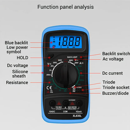 Digital multimeter with black and yellow housing showing 45x20mm LCD display for electrical measurements