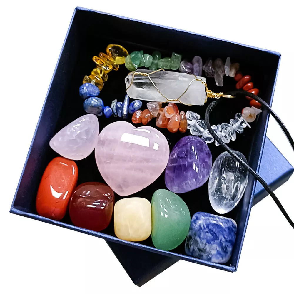 Crystal Jade Chakra Combination Set with hexagon pillar and love charm, natural crystal jewelry