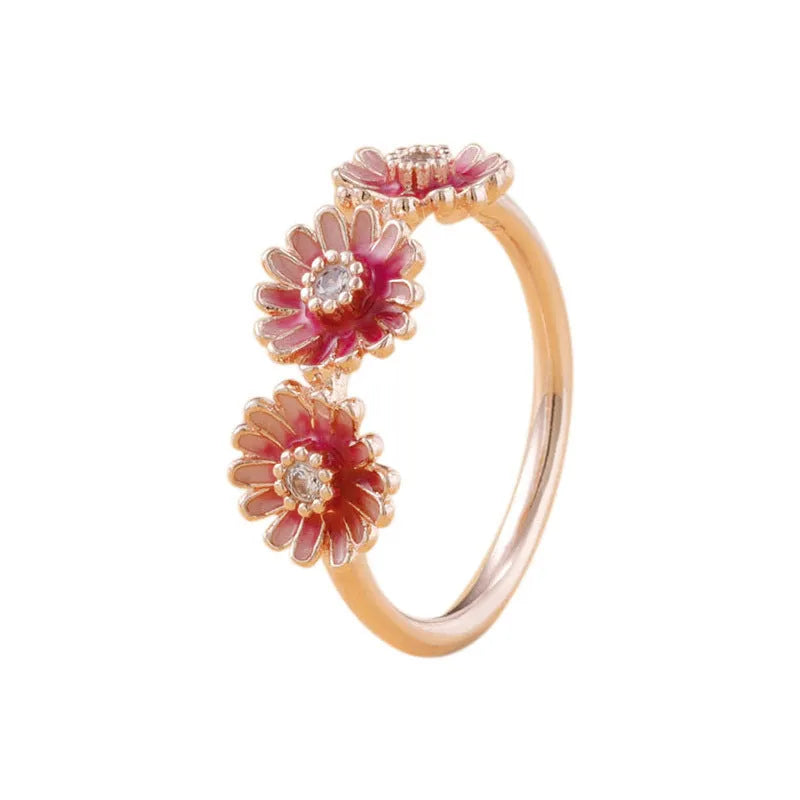 Pink daisy ring in 925 sterling silver with micro-inlay gemstones, five sizes 50mm to 58mm.