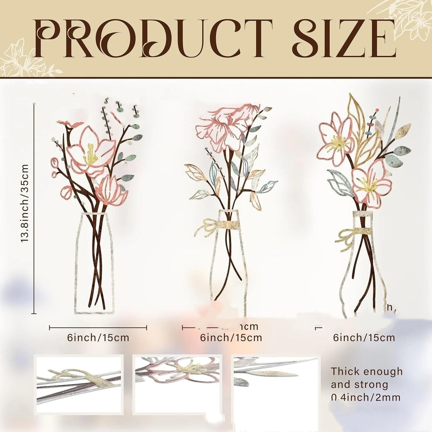Set of three rustic metal wall decorations with hand-painted flower vases in a modern farmhouse style.
