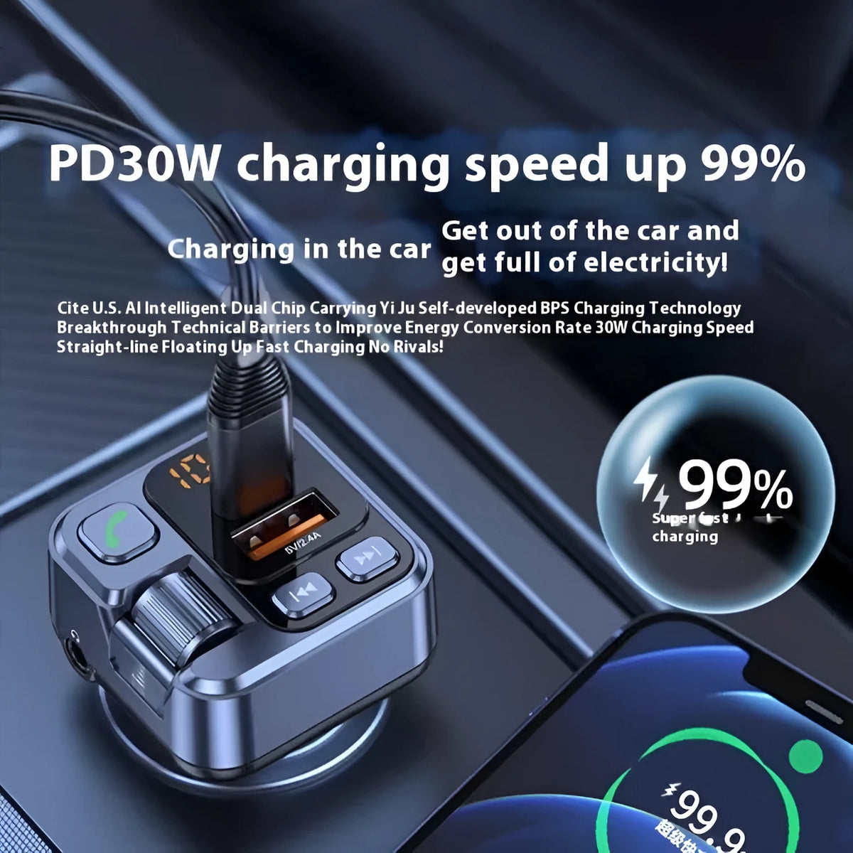 Car Bluetooth receiver with dual USB charging ports and FM transmitter for wireless audio streaming