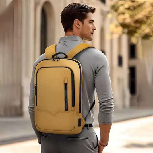 Lightweight men's polyester commuter backpack with USB charging port in multiple colour options.