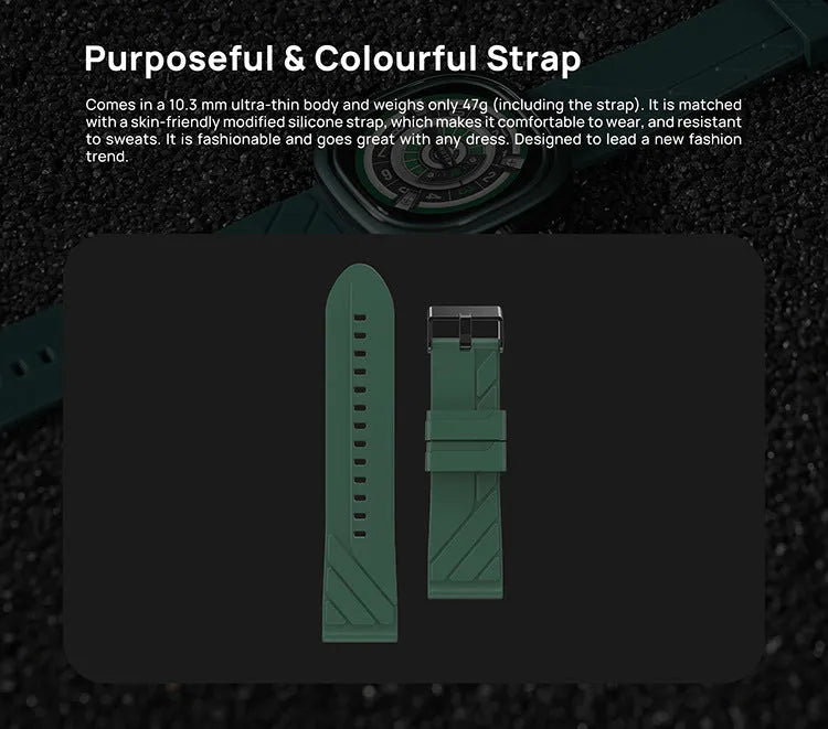 Black silicone band smart watch showing time on its 1.32-inch colour touch screen.
