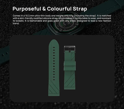 Black silicone band smart watch showing time on its 1.32-inch colour touch screen.