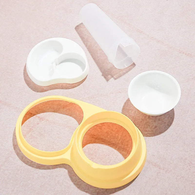 Grey and yellow double pet feeding bowl with raised neck protection and non-slip base.