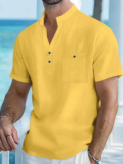 Stand collar linen T-shirt for men in loose pullover style with short sleeves, showing hemp-blended fabric texture