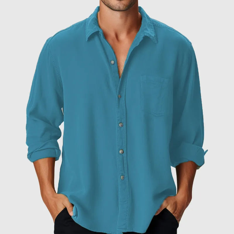 Pure Colour men's loose-fit beach shirt with stand collar and long sleeves in polyester fabric, showing colour options and sizing range