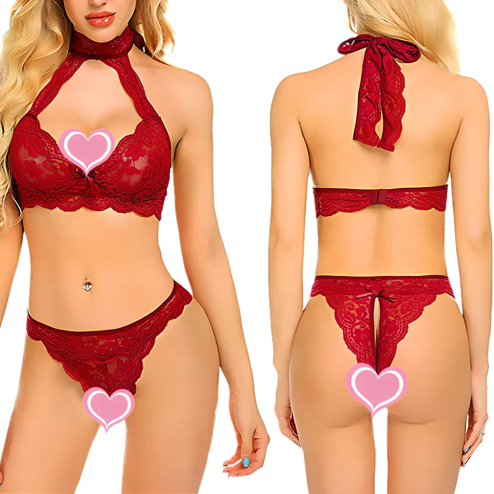 Women's three-point split hollow suit in black or red with coordinated design and polyester construction