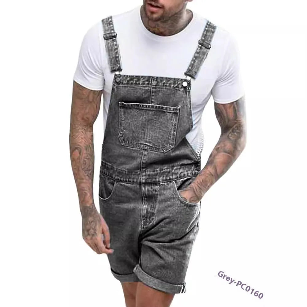 Black denim suspender shorts for men on a hanger, showing mid-waist and shorts length.