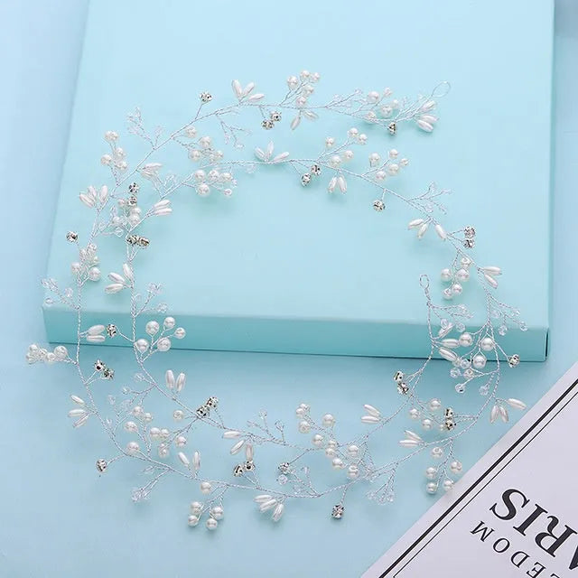 Bride's long hair band with crystal pearls in silver colour option showing 100cm length