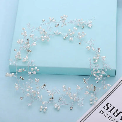 Bride's long hair band with crystal pearls in silver colour option showing 100cm length