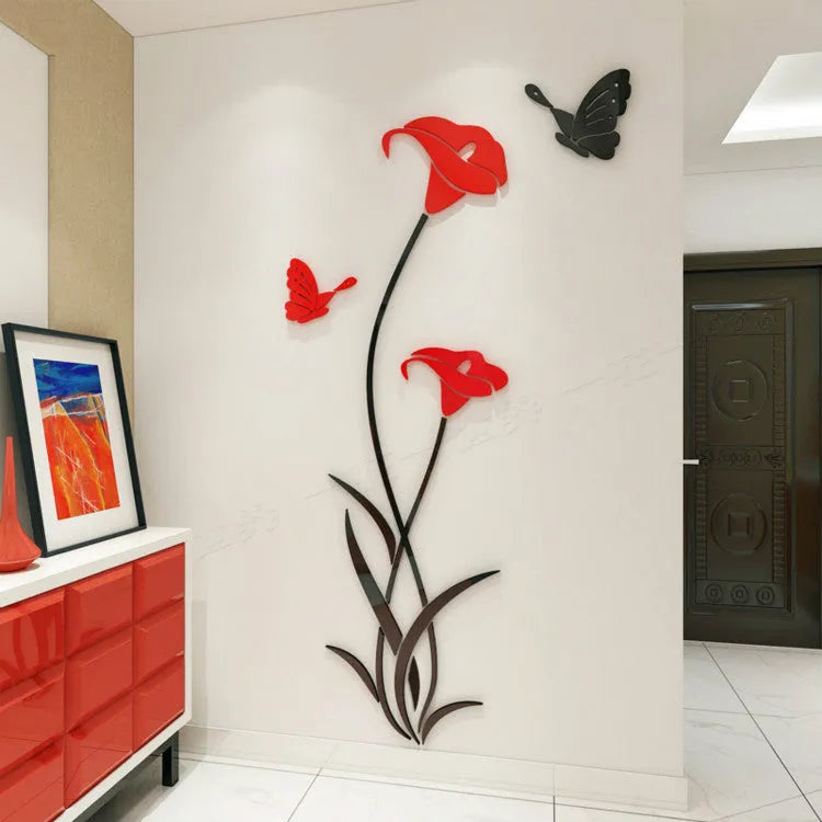 Lily 3D stereo acrylic wall stickers showing size variations and colour options including metallic finishes