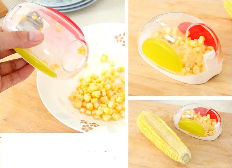 Kitchen corn separator tool with stainless steel blade and plastic case for removing kernels from corncobs