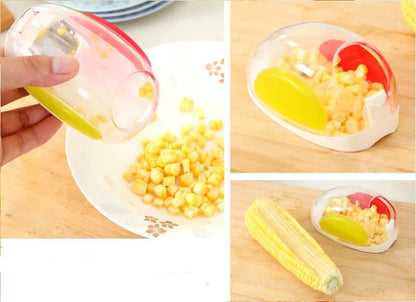 Kitchen corn separator tool with stainless steel blade and plastic case for removing kernels from corncobs