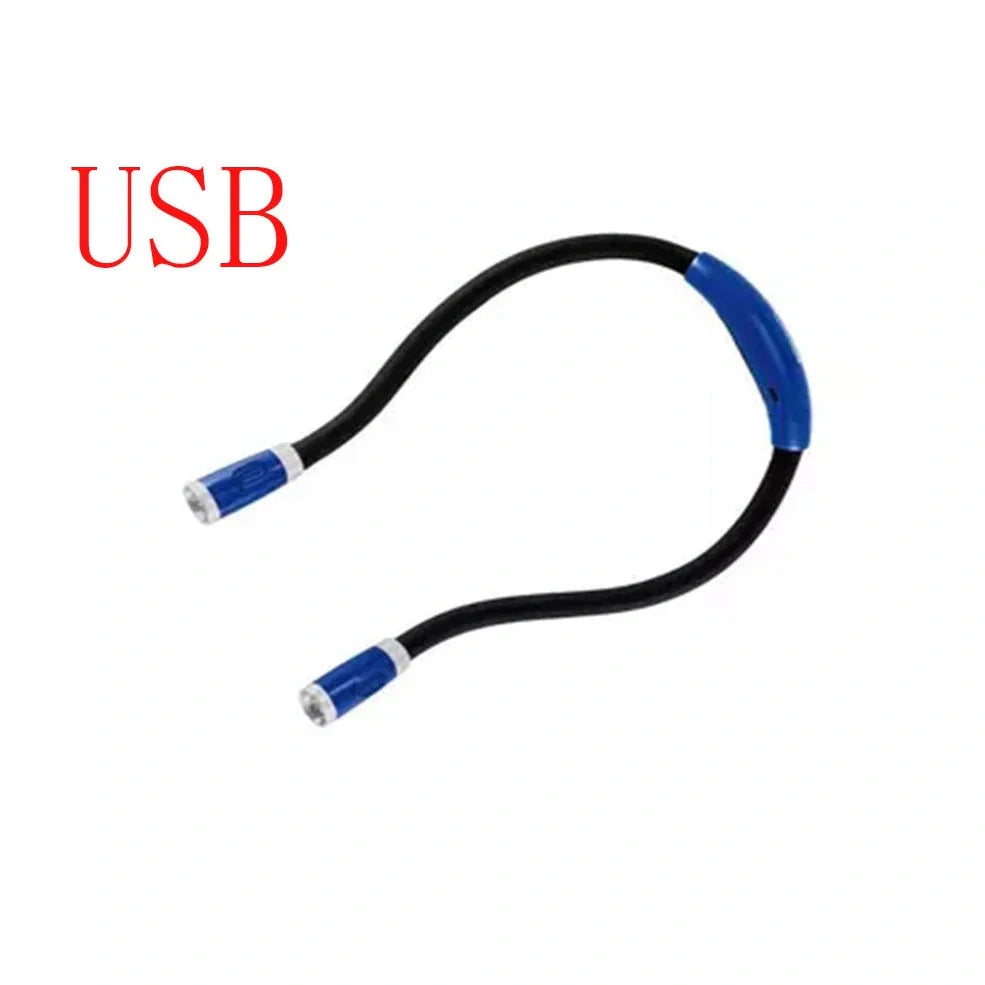 Flexible neck book light with U-shaped design showing adjustable LED reading lamp in use