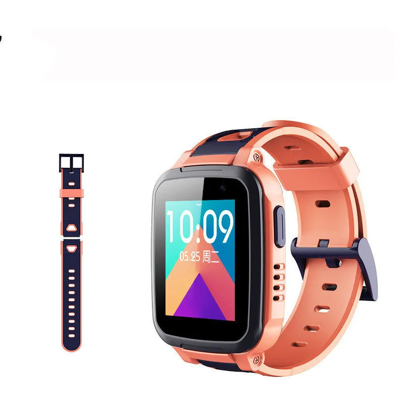 SE5 Plus blue children phone watch with stainless steel wristband on child's wrist