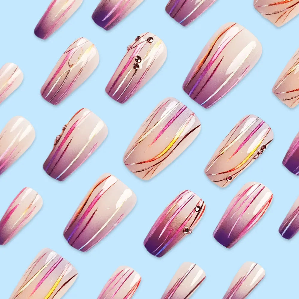 Magic purple gradient nail stickers with starry sky pattern, short ballet length, 24-piece set with jelly glue