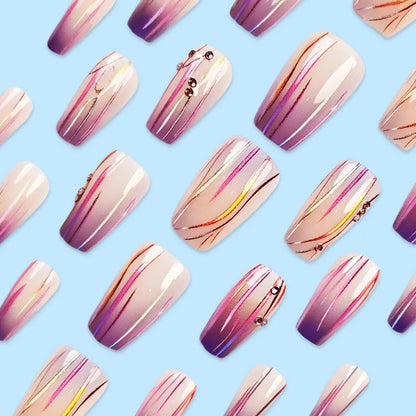 Magic purple gradient nail stickers with starry sky pattern, short ballet length, 24-piece set with jelly glue