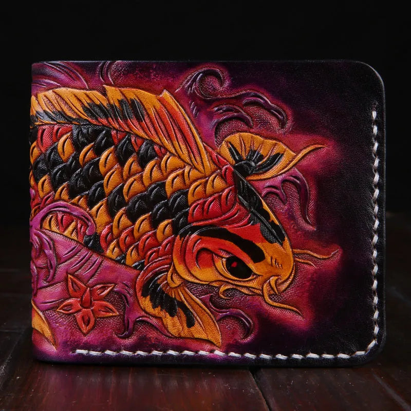 Men's hand-carved cow leather short wallet showing texture detail and compact 10x12cm dimensions