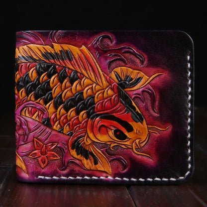 Men's hand-carved cow leather short wallet showing texture detail and compact 10x12cm dimensions