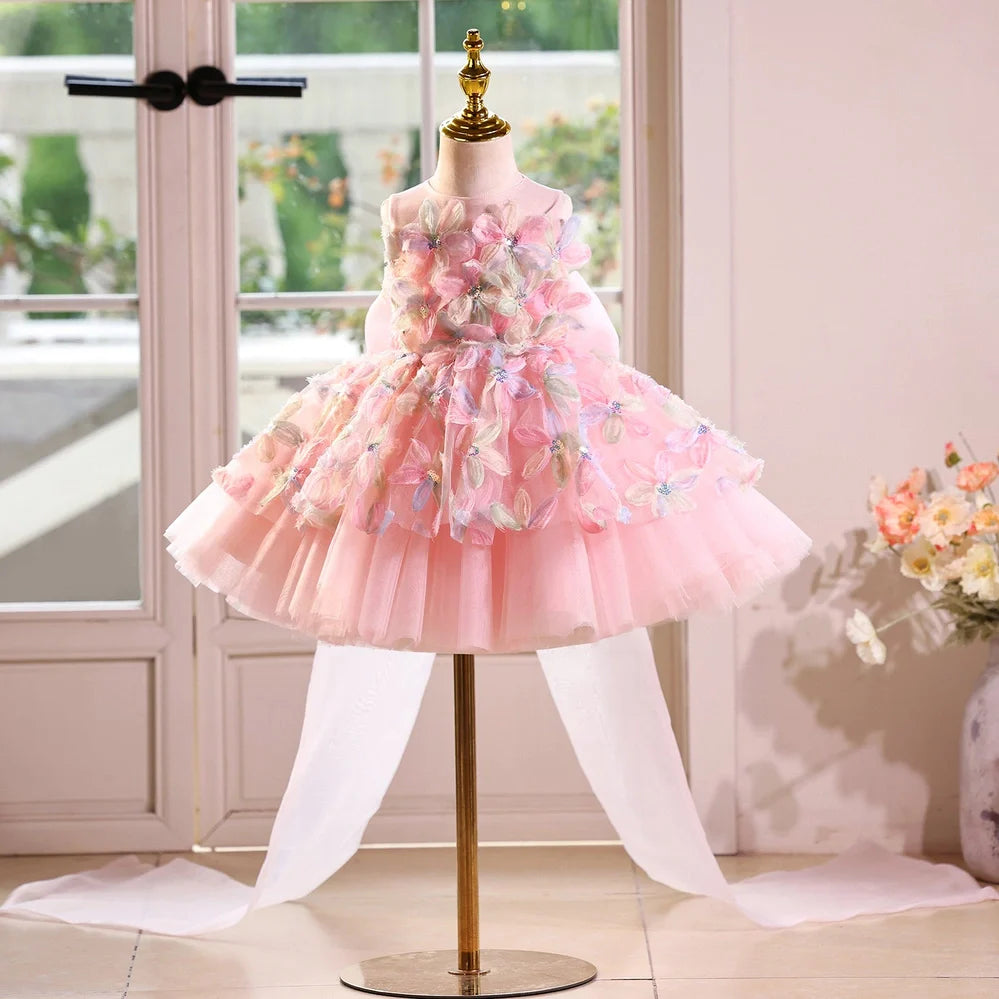 Pink children's flower girl wedding dress with height sizes from 100cm to 160cm