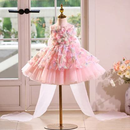 Pink children's flower girl wedding dress with height sizes from 100cm to 160cm