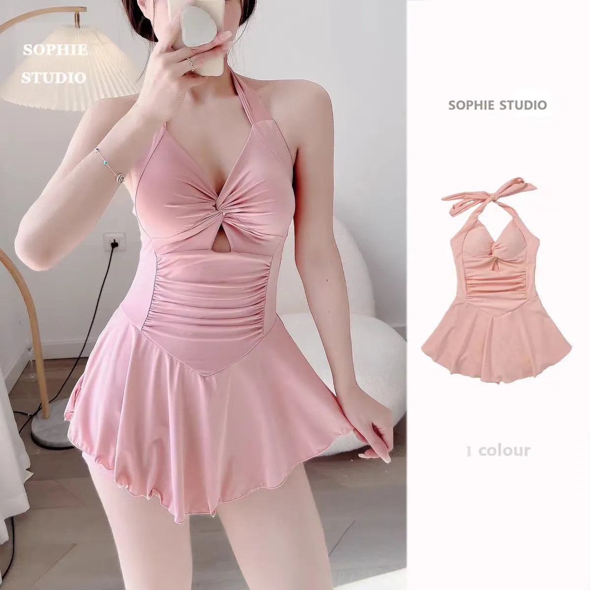 Solid colour one-piece swimsuit for women showing backless conservative design on a mannequin.