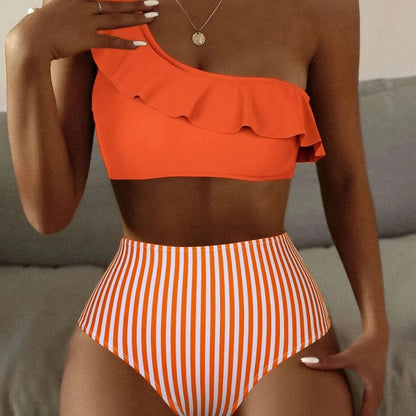 Women's striped and solid colour bikini swimsuit set shown in multiple colour options.