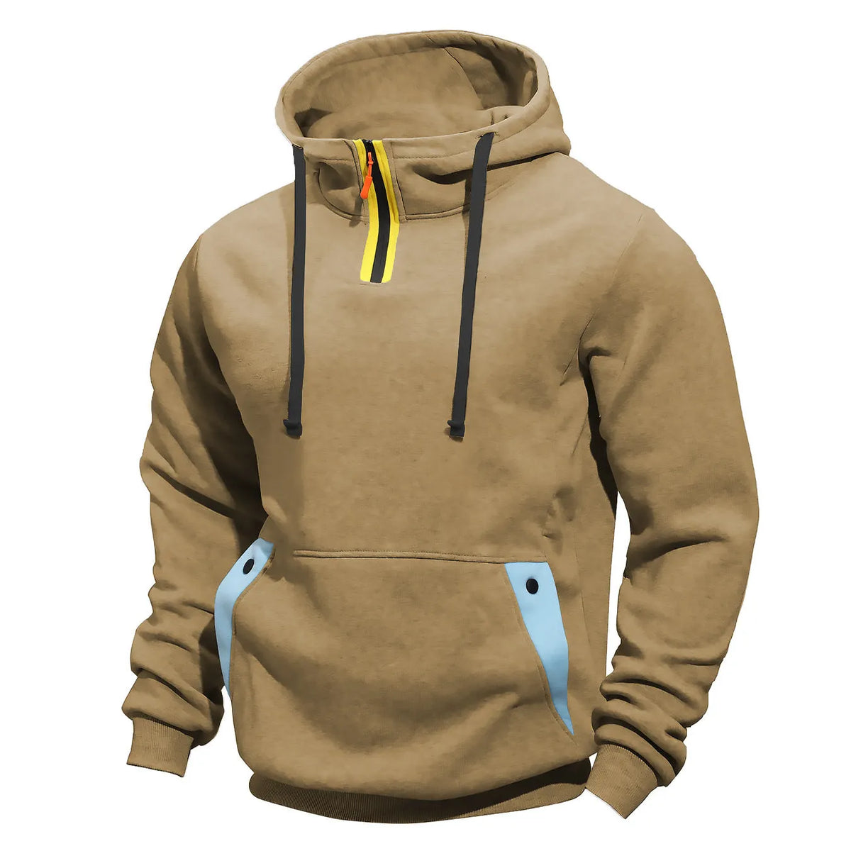 Men's loose zip pullover hoodie in solid colour polyester with size stick pocket, sizes M to XXXL