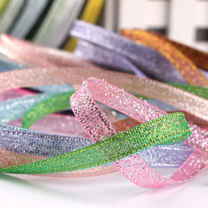 Polyester gift packaging bow ribbon showing 0.6cm width and colour options including gold leaf and metallic variations