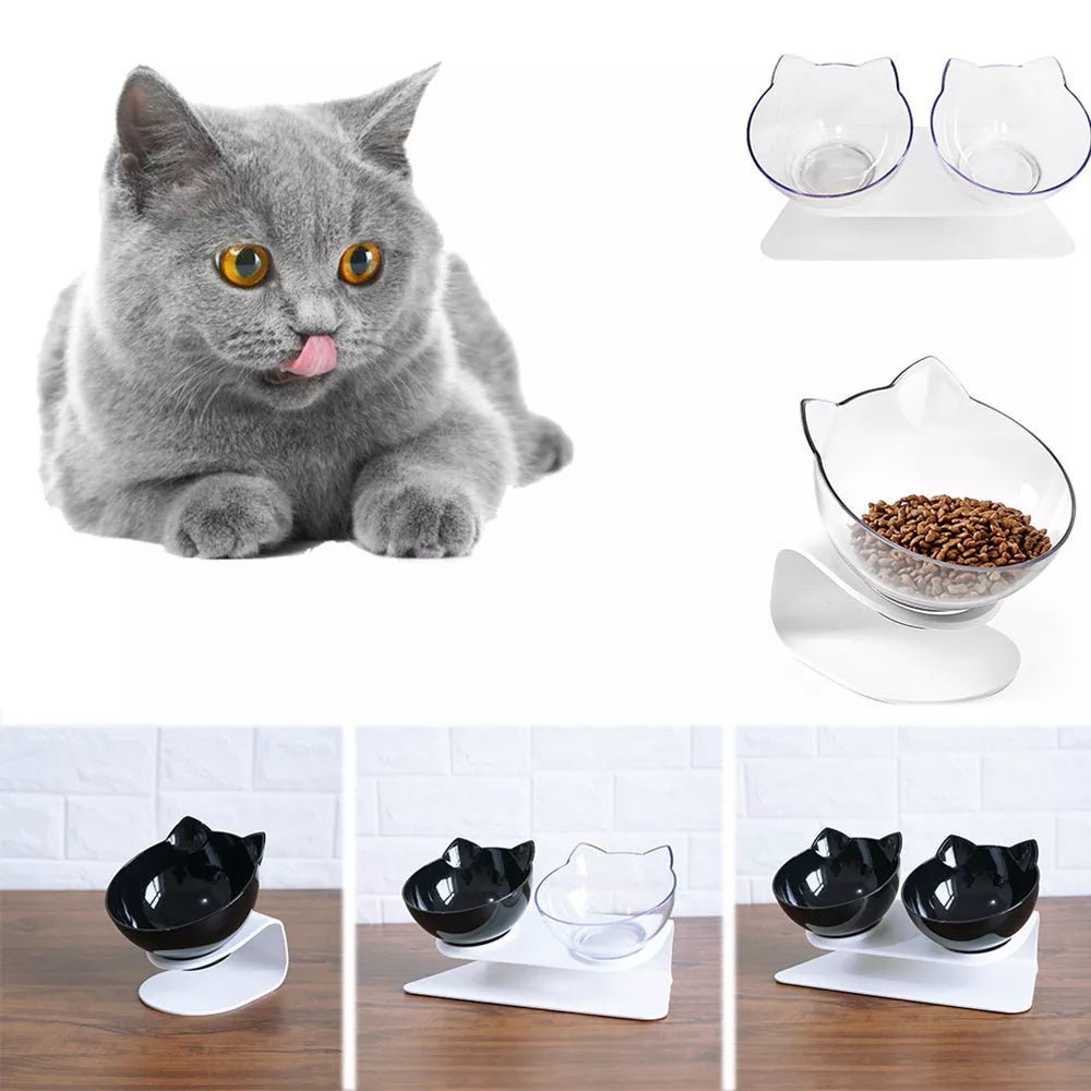 Double bowl cat food bowl with 15° tilt for cervical protection, transparent design with cute cat face
