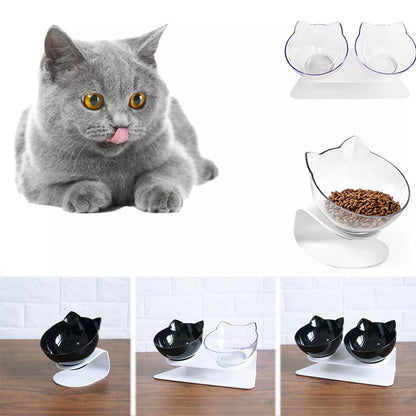 Double bowl cat food bowl with 15° tilt for cervical protection, transparent design with cute cat face