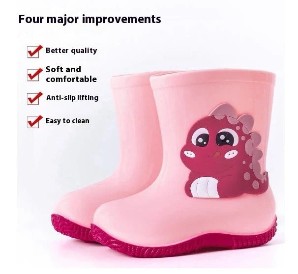 Children's PVC rain shoes with cartoon bear design showing waterproof construction and low heel