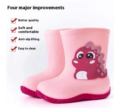 Children's PVC rain shoes with cartoon bear design showing waterproof construction and low heel