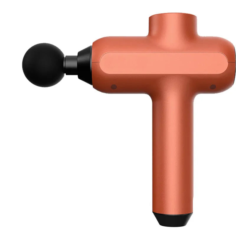 Black cordless electric muscle massager with six different coloured attachment heads on a white background.