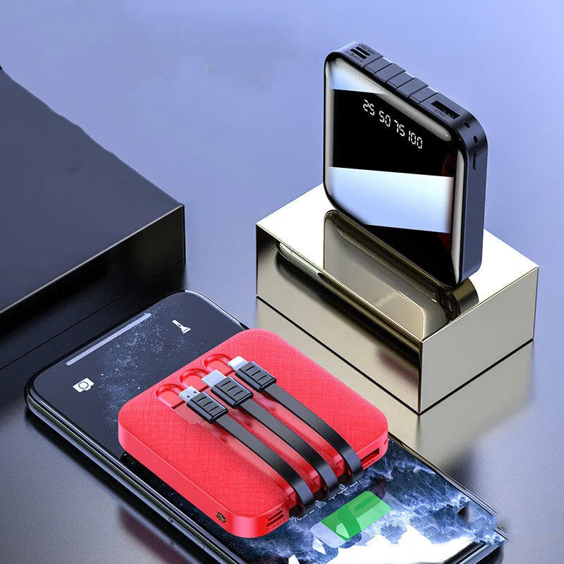 Mirror three-wire power bank with 20000mAh capacity measuring 80x80x23mm in black or red colour