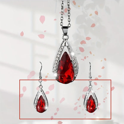 Black red teardrop glass pendant necklace and earrings suite with water droplet design elements on alloy jewellery