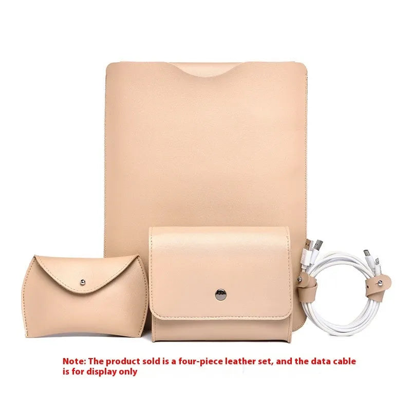 Four-piece set of imitation leather laptop edge protective covers in brown, grey, apricot, and light pink colours