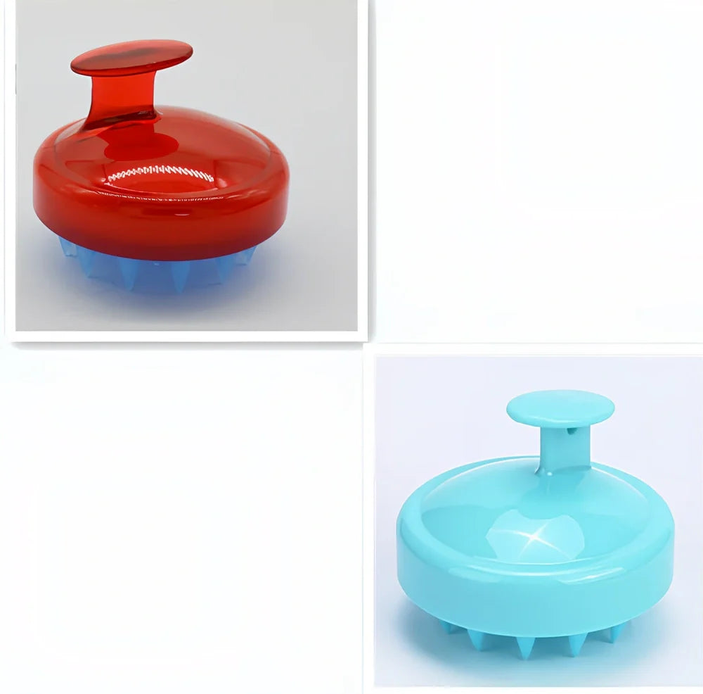 Black silicone shampoo brush with hook design measuring 8x8x7cm for scalp massage during hair washing