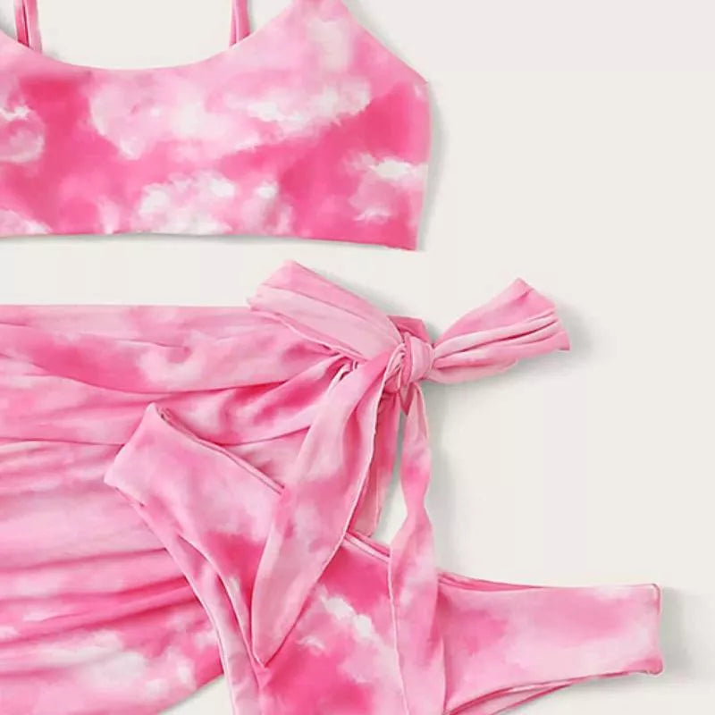 Ladies split bikini swimsuit in nylon fabric, available in pink, blue, green, and purple