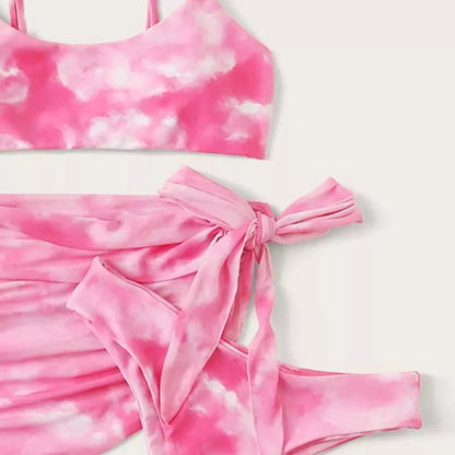 Ladies split bikini swimsuit in nylon fabric, available in pink, blue, green, and purple